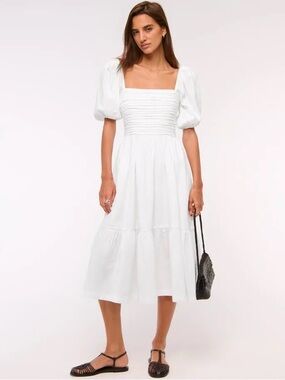 Abercrombie & Fitch Emerson White Puff-Sleeve Linen Midi Dress